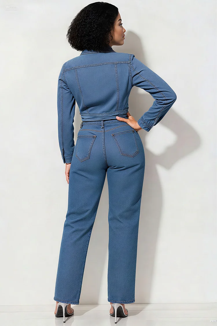 Plus Size Business Casual Blue Shirt Collar Long Sleeve Drilling Denim Jacket