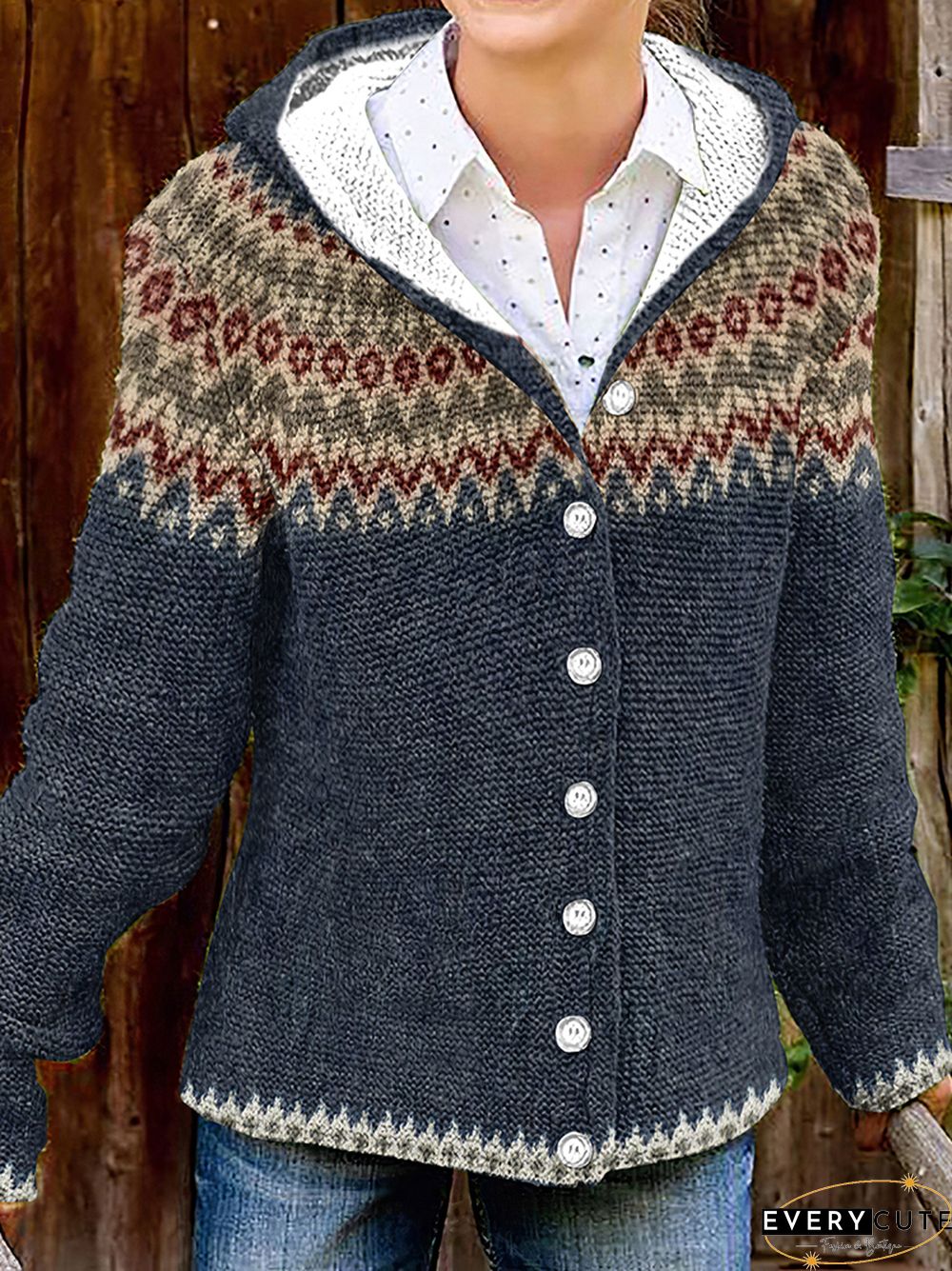 Vintage Contrast Print Hooded Button Knit Cardigan