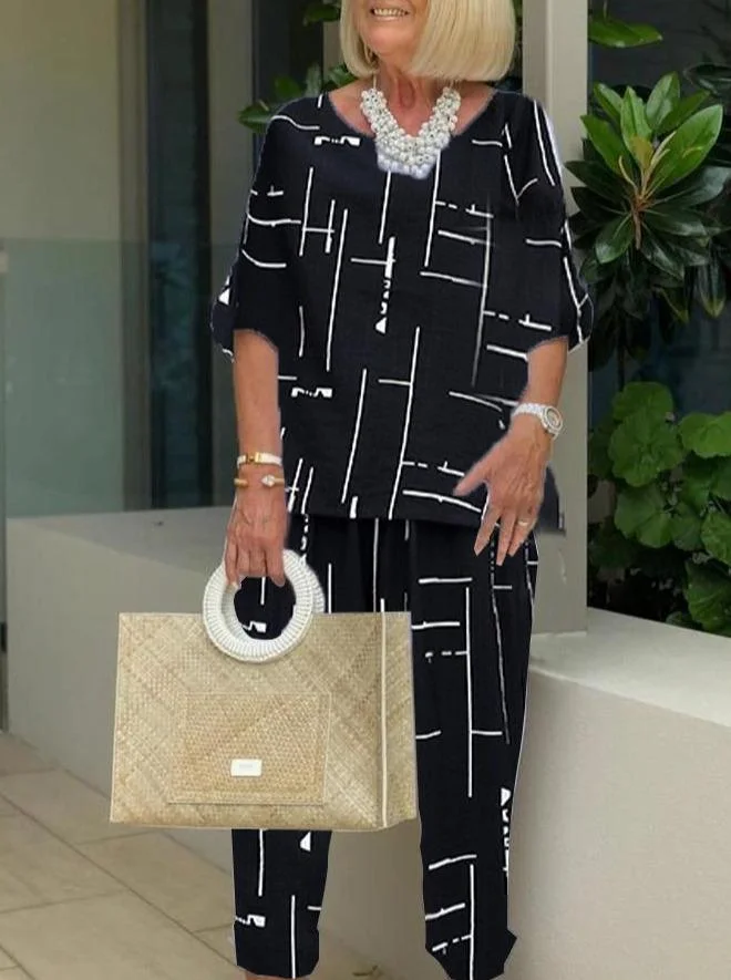 Printing Casual Two-piece 3/4 Length Pants Suits
