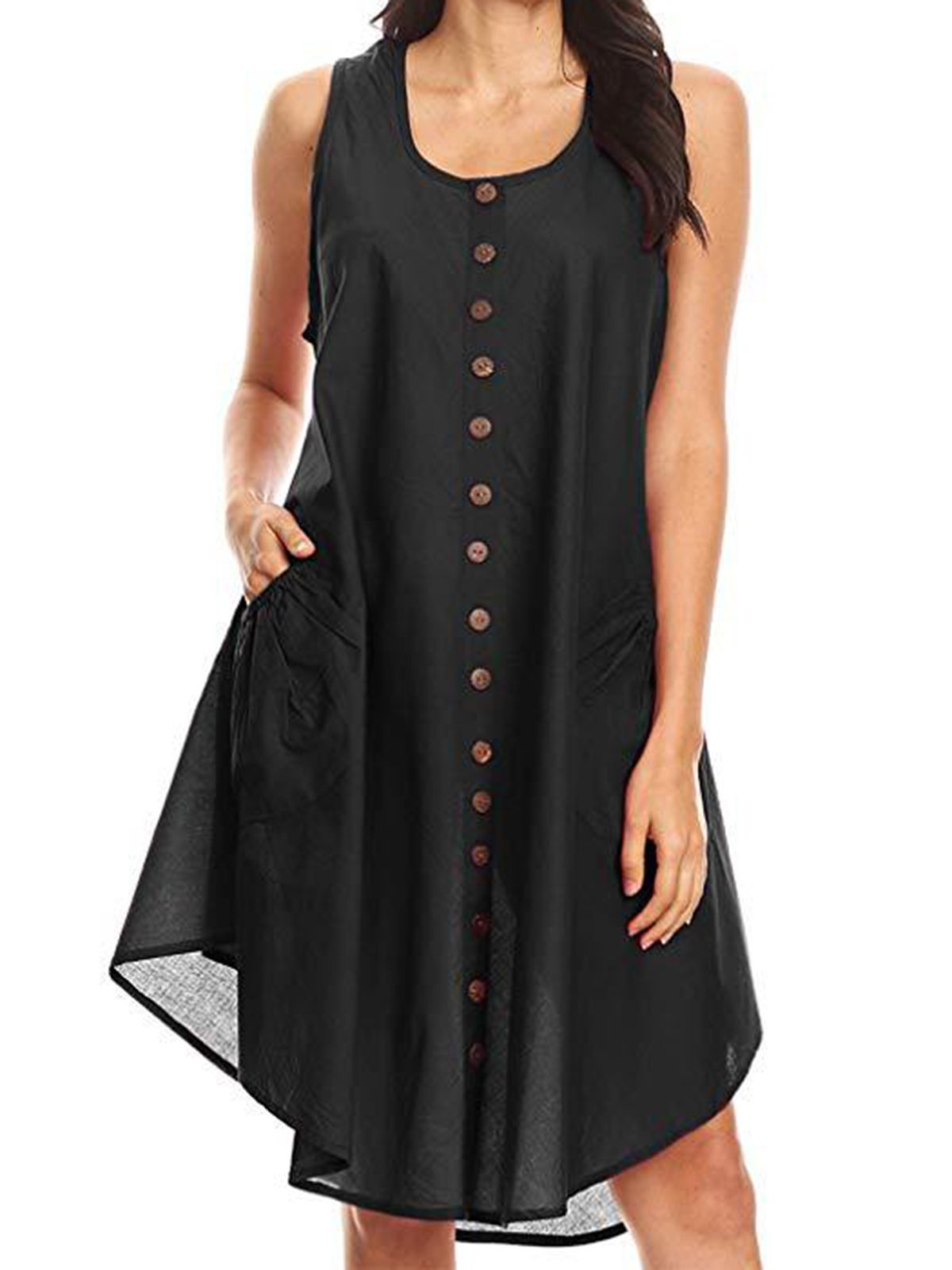 Women Dress Pockets Buttons Round Neck Asymmetrical Dresses