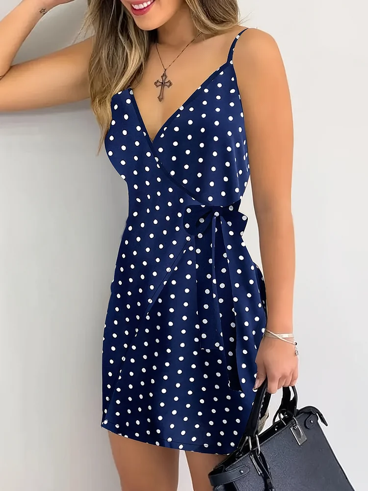 Women's Navy Blue Polka Dot Halter Neck Mini Dress With Tie-Waist And Cross Straps - Casual Summer Dress For Vacation, Party, Or Casual Attire, Casual Attire | Polka Dot Dress | Polyester Fabri