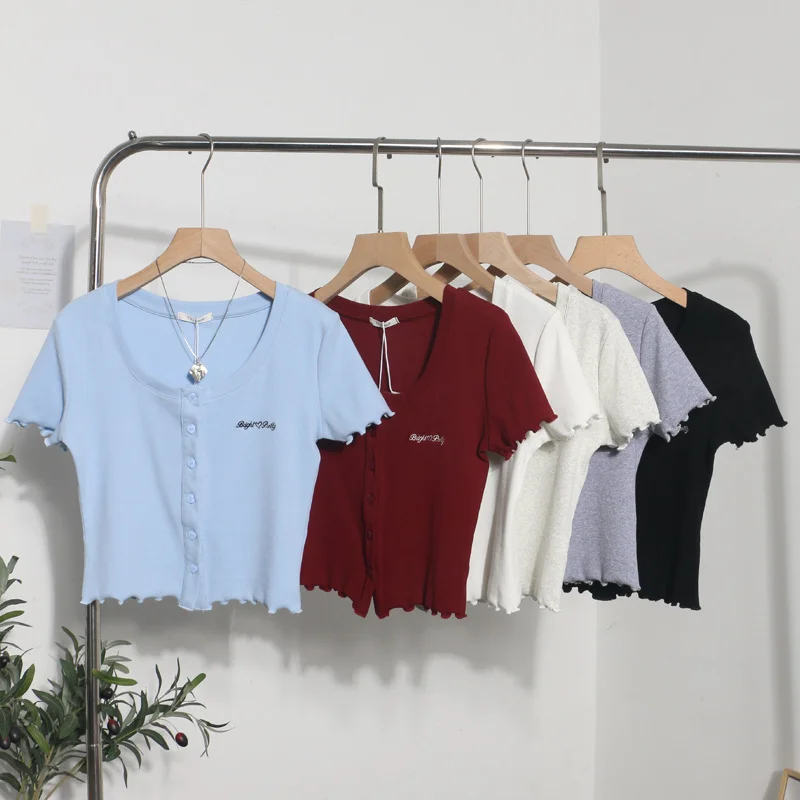 Uveng Relaxing Wood Ear Embroidery Short Small Cardigan Bottom Shirt T-Shirt T-Shirt Umbilly T-Shirt 89325