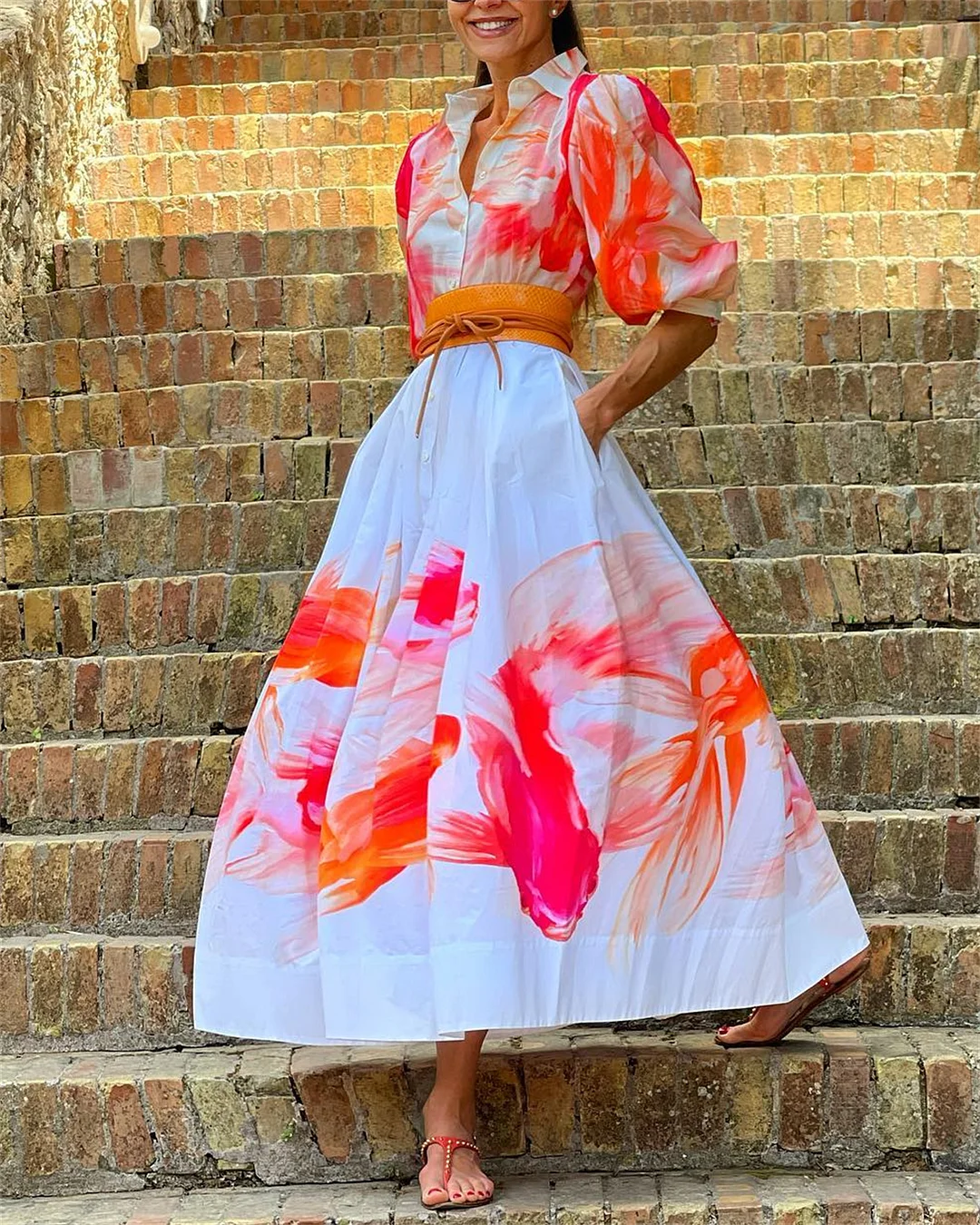 Women's Lapel Printed Shirt Dress - 01