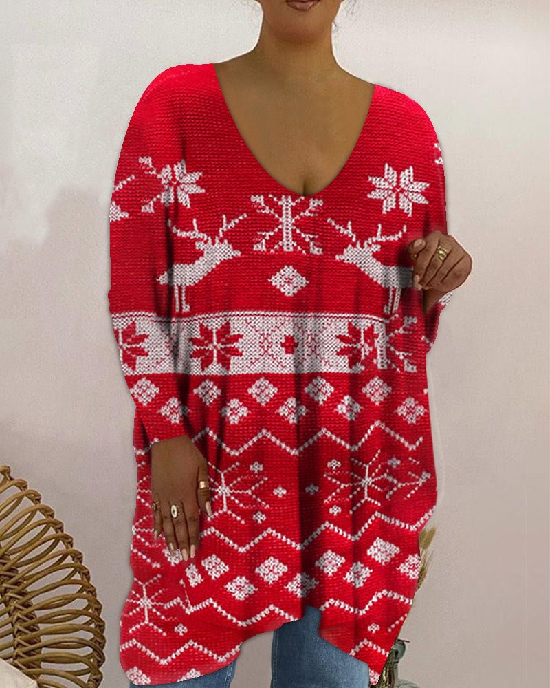Fashion V-neck monochrome Christmas reindeer plus size sweater