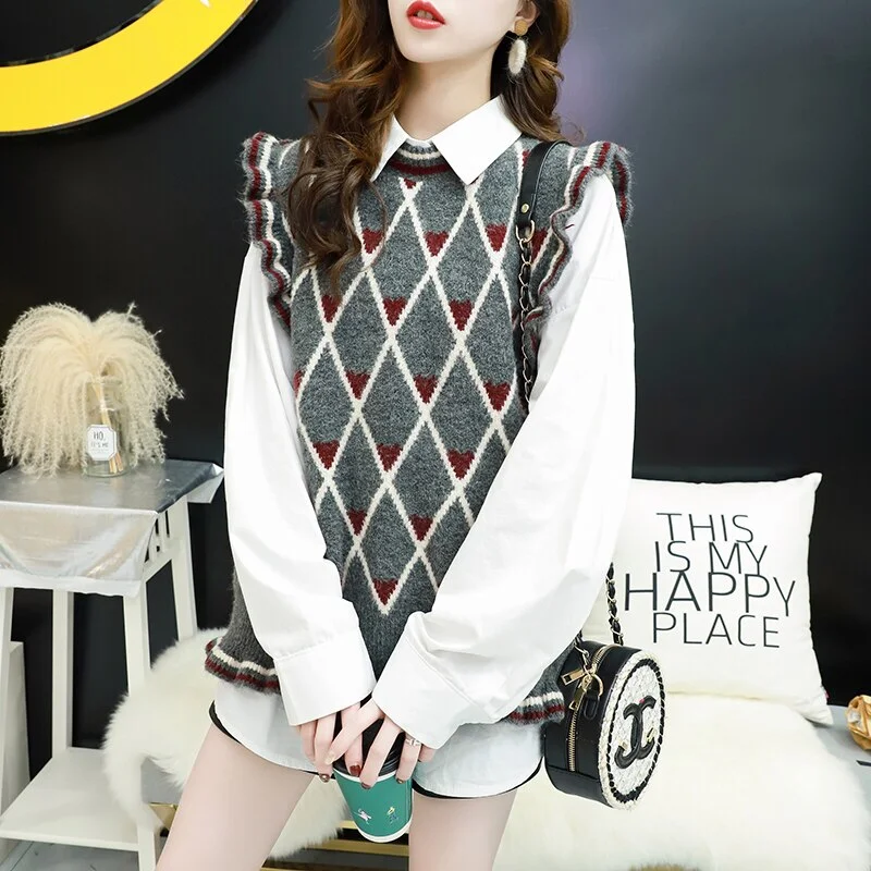 Sweater Vest Women Argyle O-neck Ruffles Fungus-line Korean Style Sweet All-match Knitting Casual Womens Chic Autumn New Retro