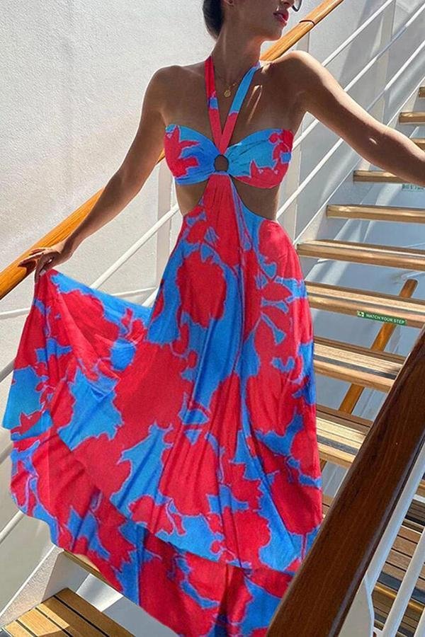Sleeveless Cut-out Contrast Print Maxi Dress