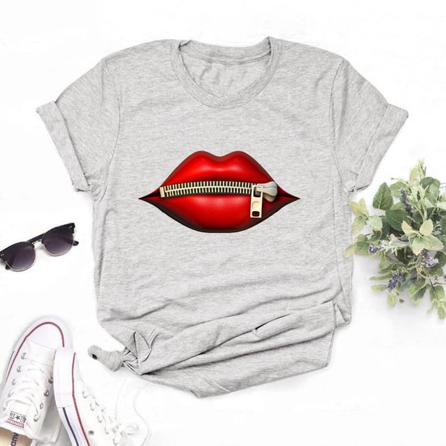 Fashion Women's Casual Sequins Red Lip T-shirt Short Sleeve T-shirts  Vintage Creativity Zipper Lips T-shirt,drop Ship