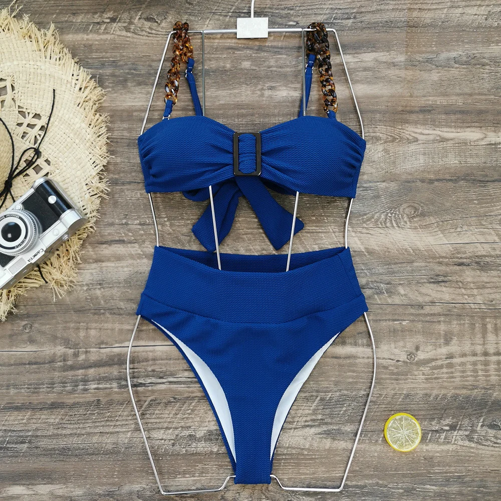 Uveng 2025 New Pure White Chain Sling Split Swimsuit Women High Waist Pit Strips Brab Bikini