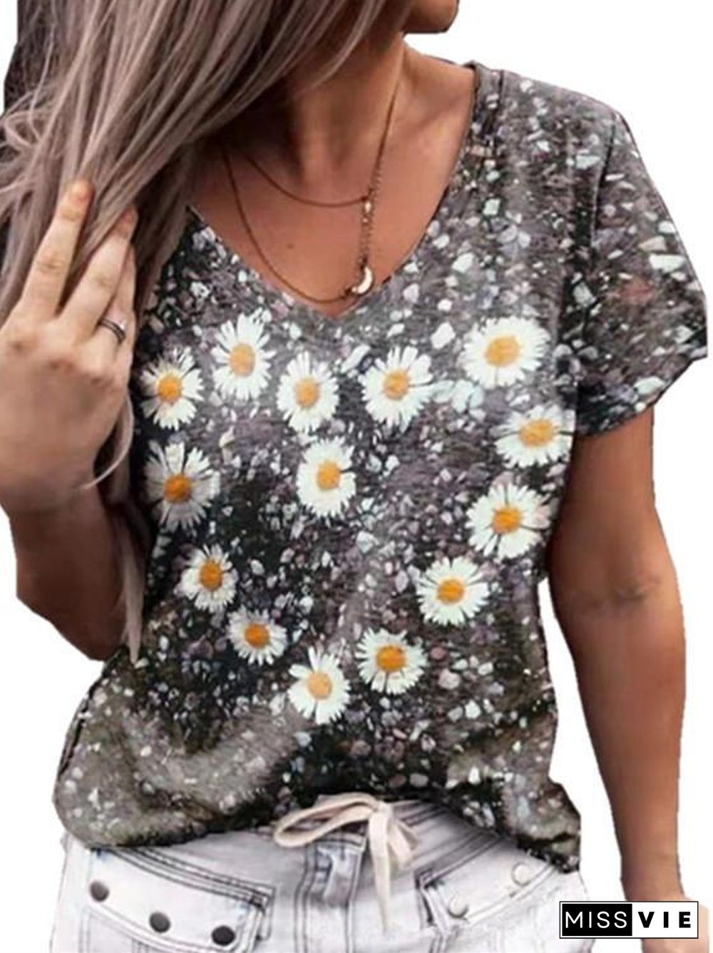 Women Short Sleeve V-neck Floral Printed Top
