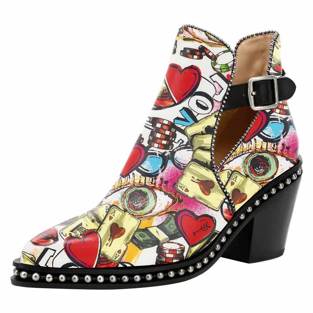 Multicolor Chunky Heel Cartoon Poker Studded Buckle Strap Ankle Boots