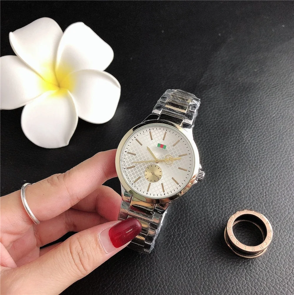 Large dial two-hand steel band watch quartz watch ladies watch luxury pink ladies quartz watch M style fashion