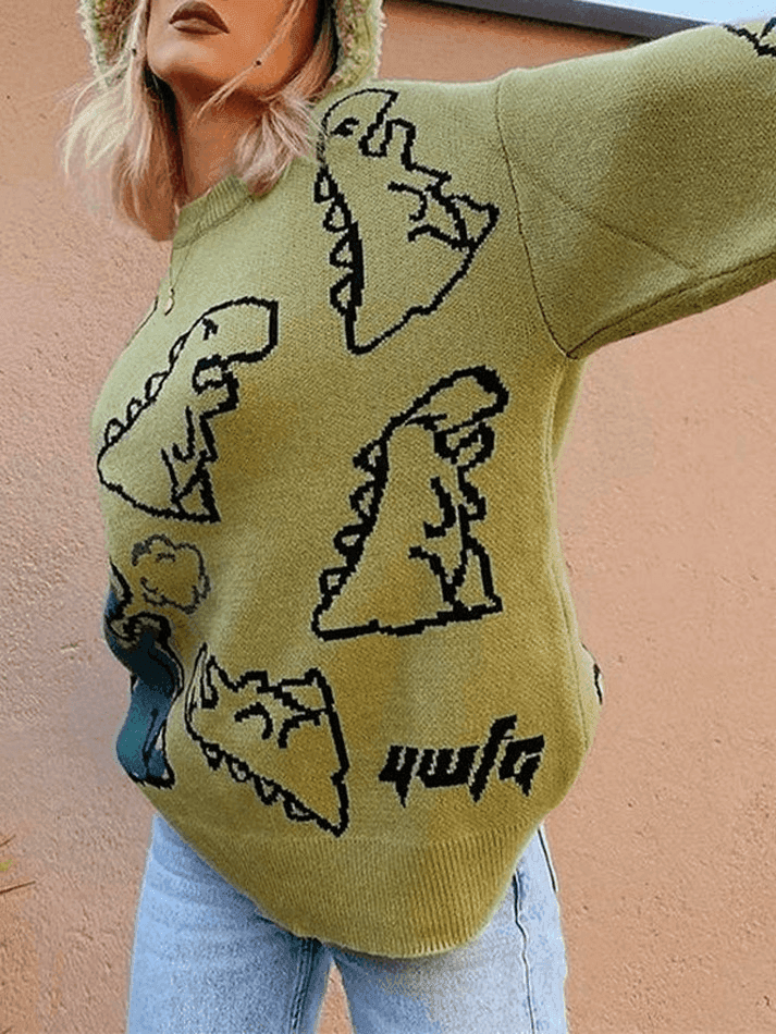 Brownm Dinosaur Crew Knit Sweater
