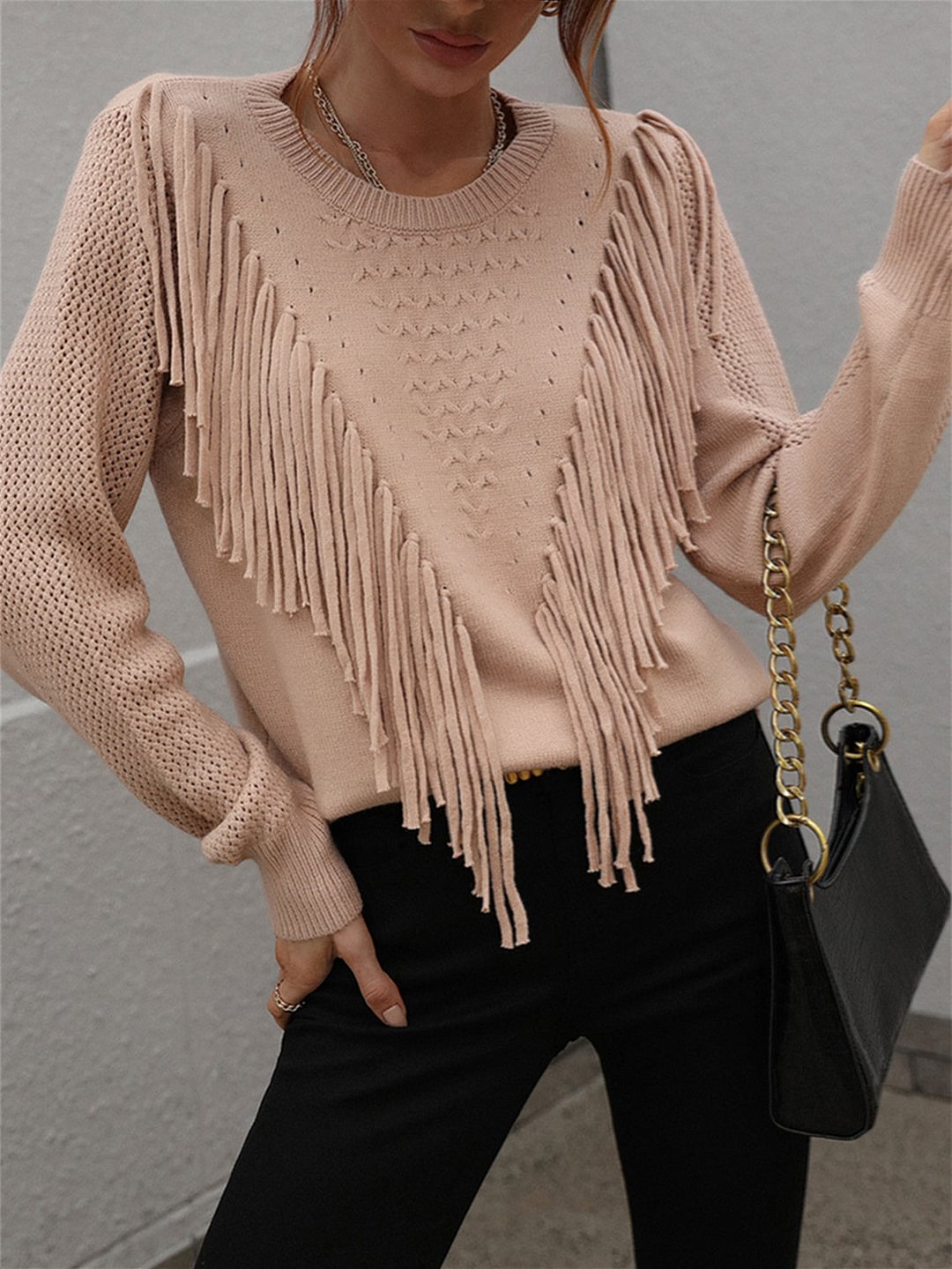 Women's Long Sleeve Scoop Neck Stitching Top Knit Sweater