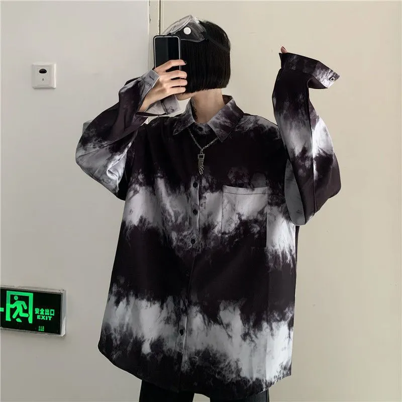Tie-dye shirts for men women 2021SS new Harajuku bf dark Gothic wear all-match long-sleeved blouse trend black white streetwear