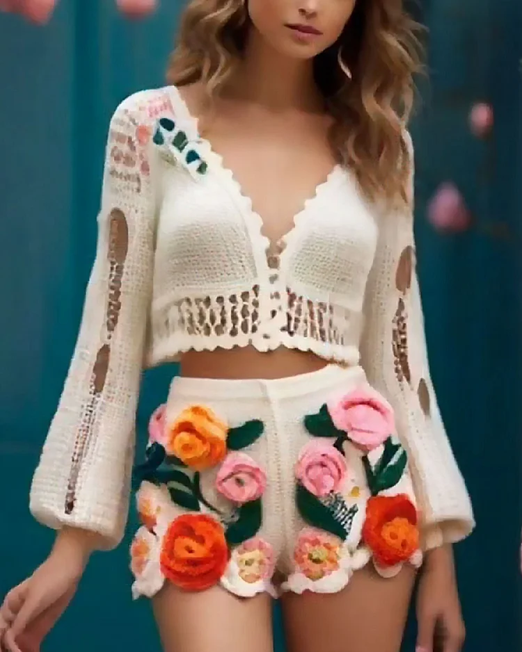 White Crocheted Cardigan And Floral Shorts Two-Piece Set