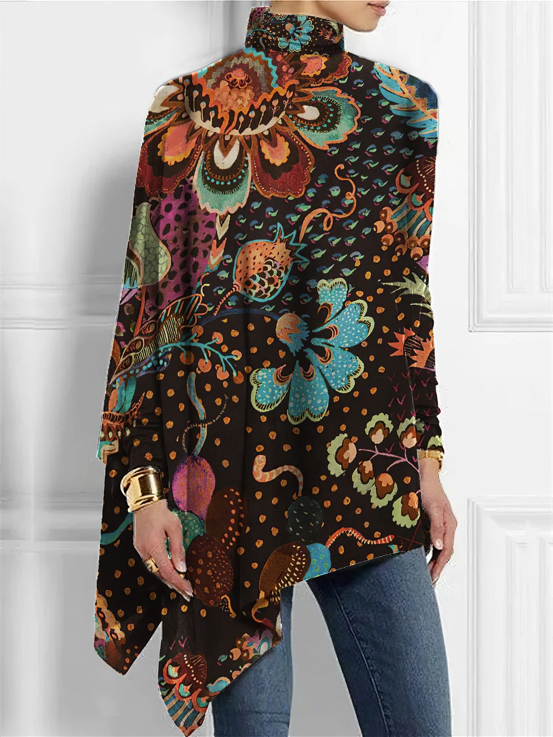 Turtleneck Allover Floral Print Asymmetrical Hem Top