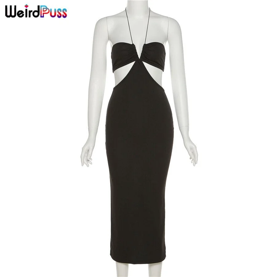 Weird Puss Elegant Maxi Dress Summ Cut Out Halter Neck Straps Sleeveless Summer Backless Party Sexy Evening Prom Fashion Outfits