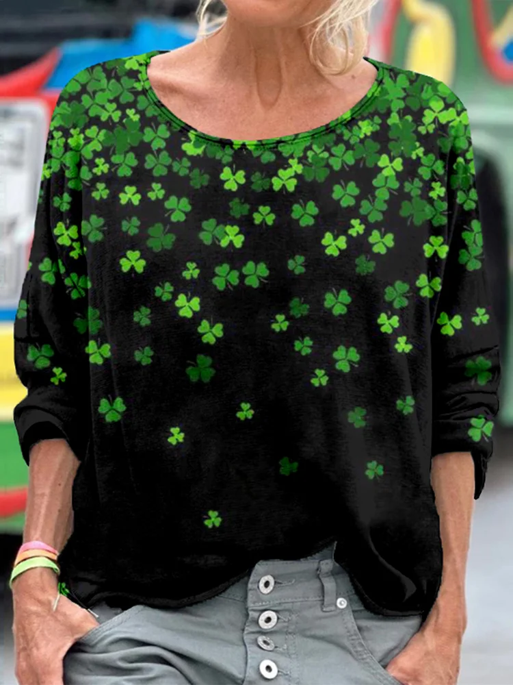St. Patrick's Day Shamrock Print Crewneck Comfy T Shirt