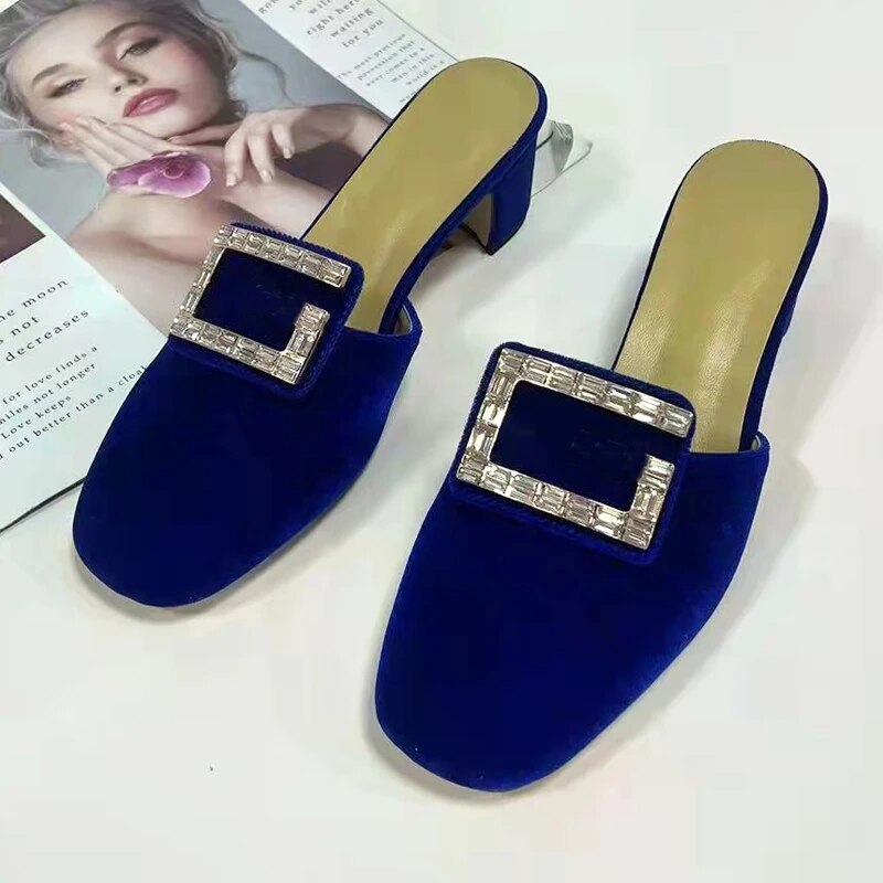 Blue Velvet Rhinestone Sandals Woman Pointed Toe Square High Heels Lady Mules Slippers