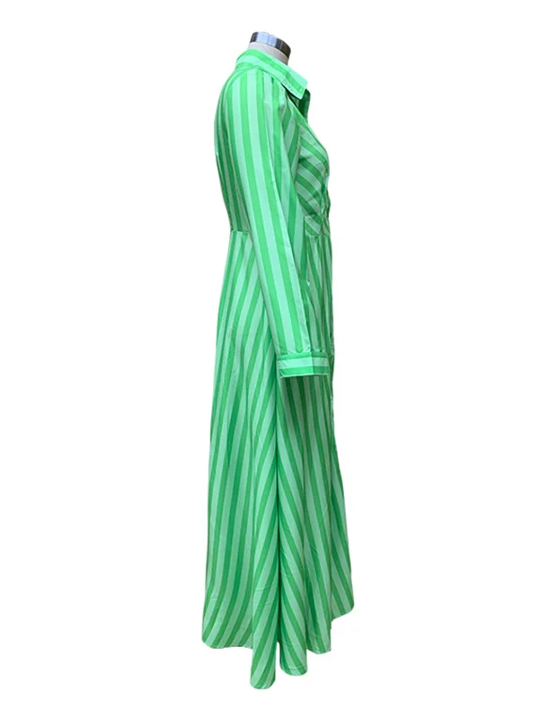 Stylish Long Sleeves Striped Lapel Collar Maxi Dress