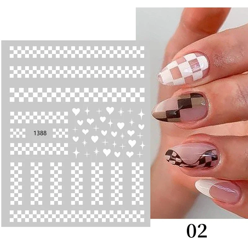 Black White French Line Nails Stickers Chess Oblique Strip Design Decals 3D Creative Geometry Love Heart Manicures Tips