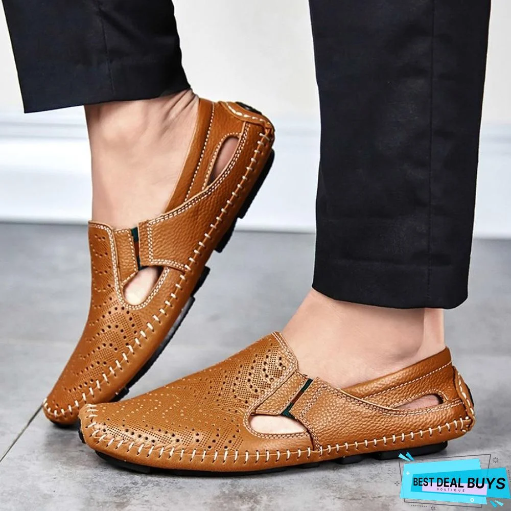 Men Leather Plus Size Sandals Casual Slip-On Summer Beach Shoes