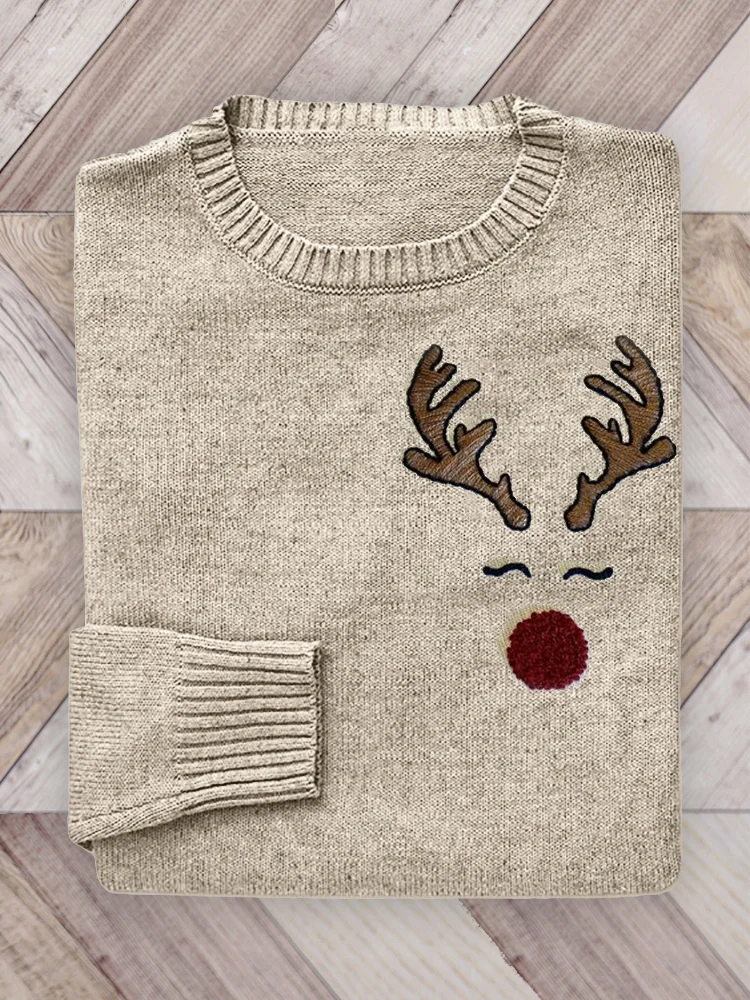 Lovely Christmas Reindeer Embroidery Art Cozy Knit Sweater