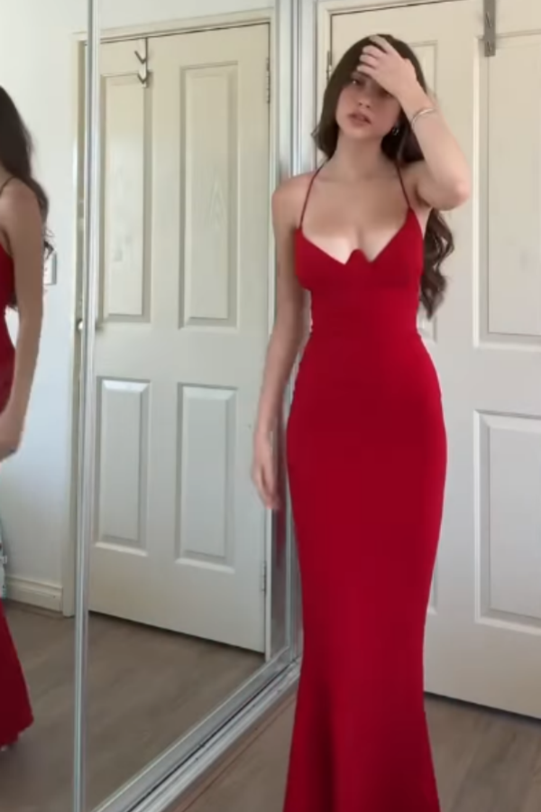 Red Sexy Halter Strap Sleeveless Sheath Mermaid Prom Dress YK0083