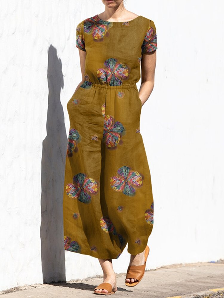 Flower Print Elastic Waist Pocket Short Sleeve Casual Cotton Jumpsuit