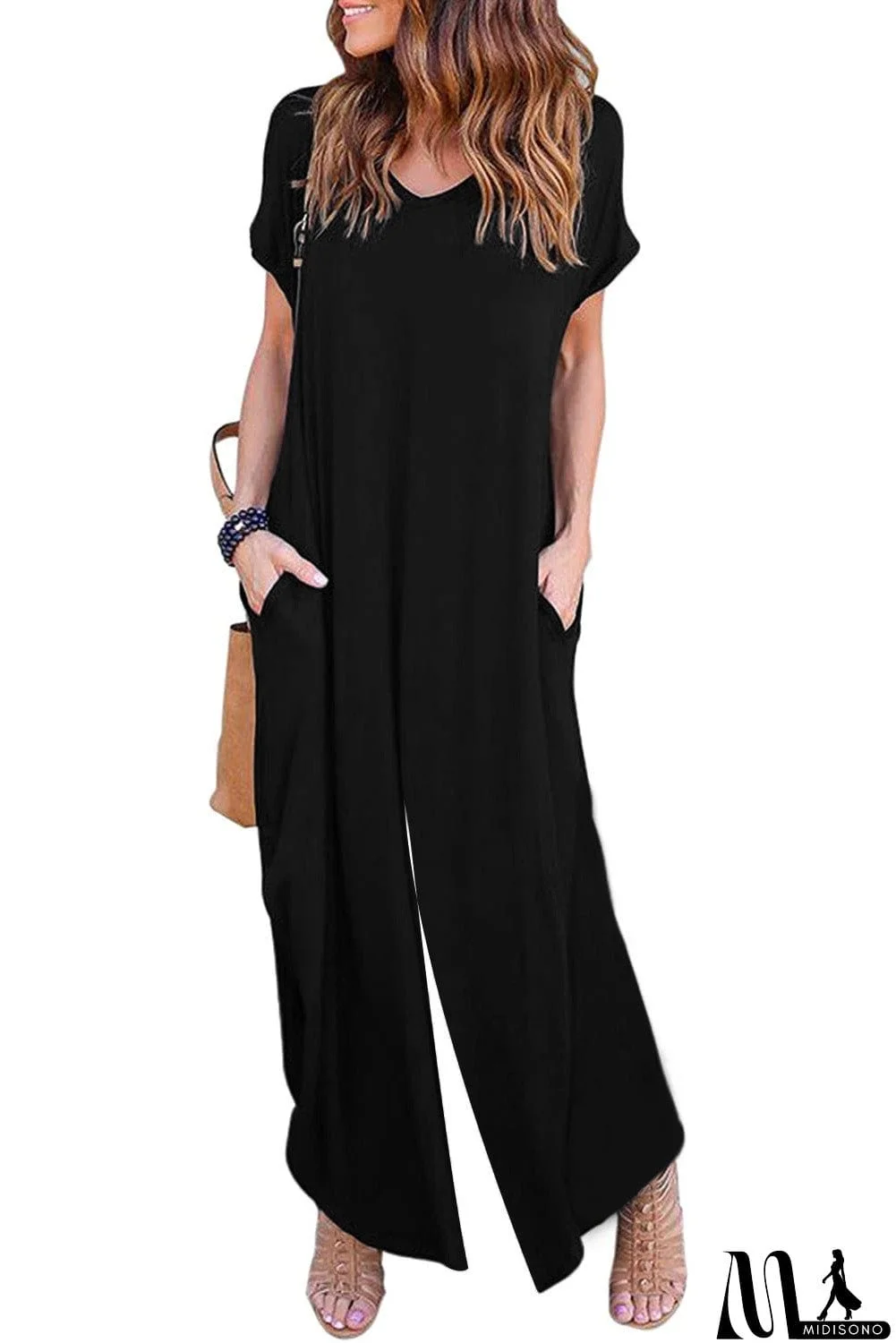 MidiSono - Solid Color Short Sleeve Wide Leg Jumpsuit with Pocket