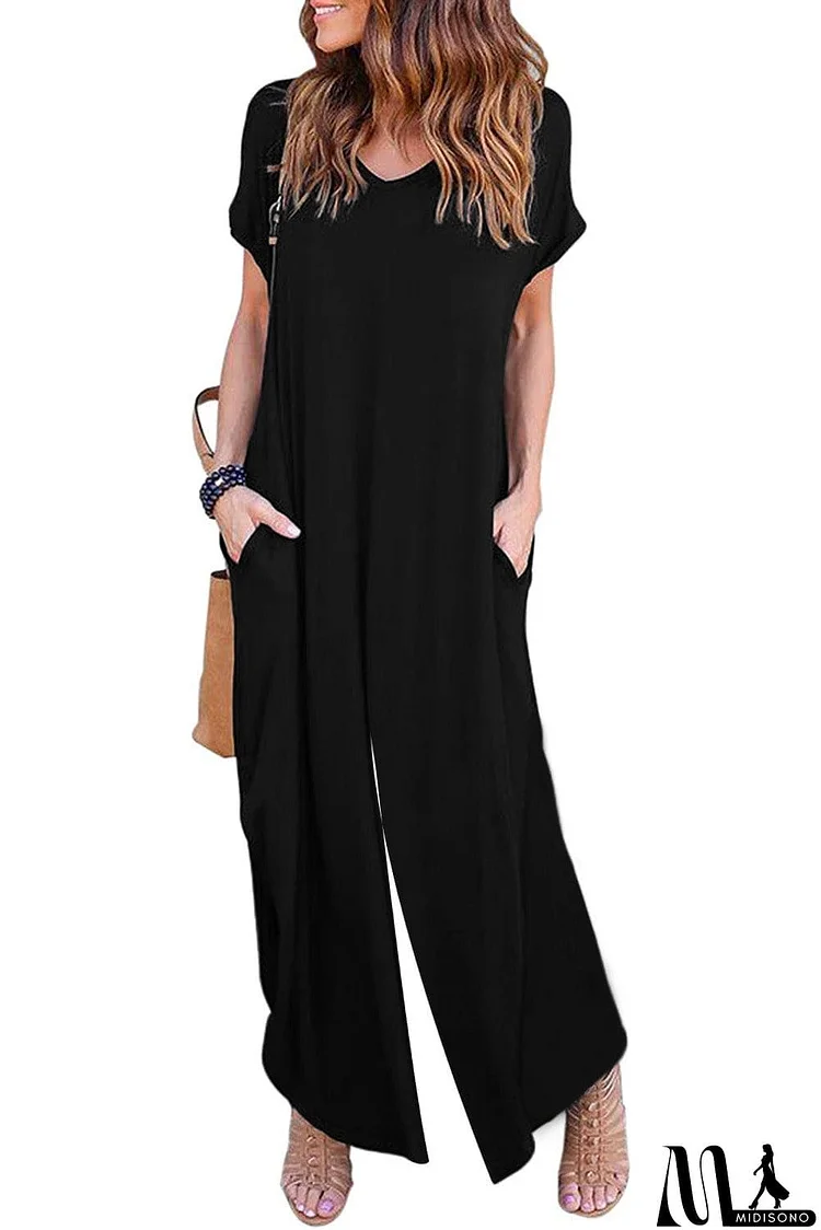 Solid Color Short Sleeve Wide Leg Jumpsuit with Pocket