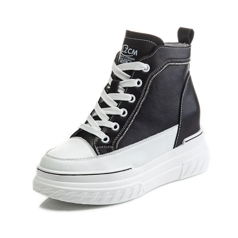 Fujin Platform Wedge Sneakers Chunky Shoes Hidden Heel Increaded Height 7.5cm Za Fashion Women Casual Shoes Genuine Leather
