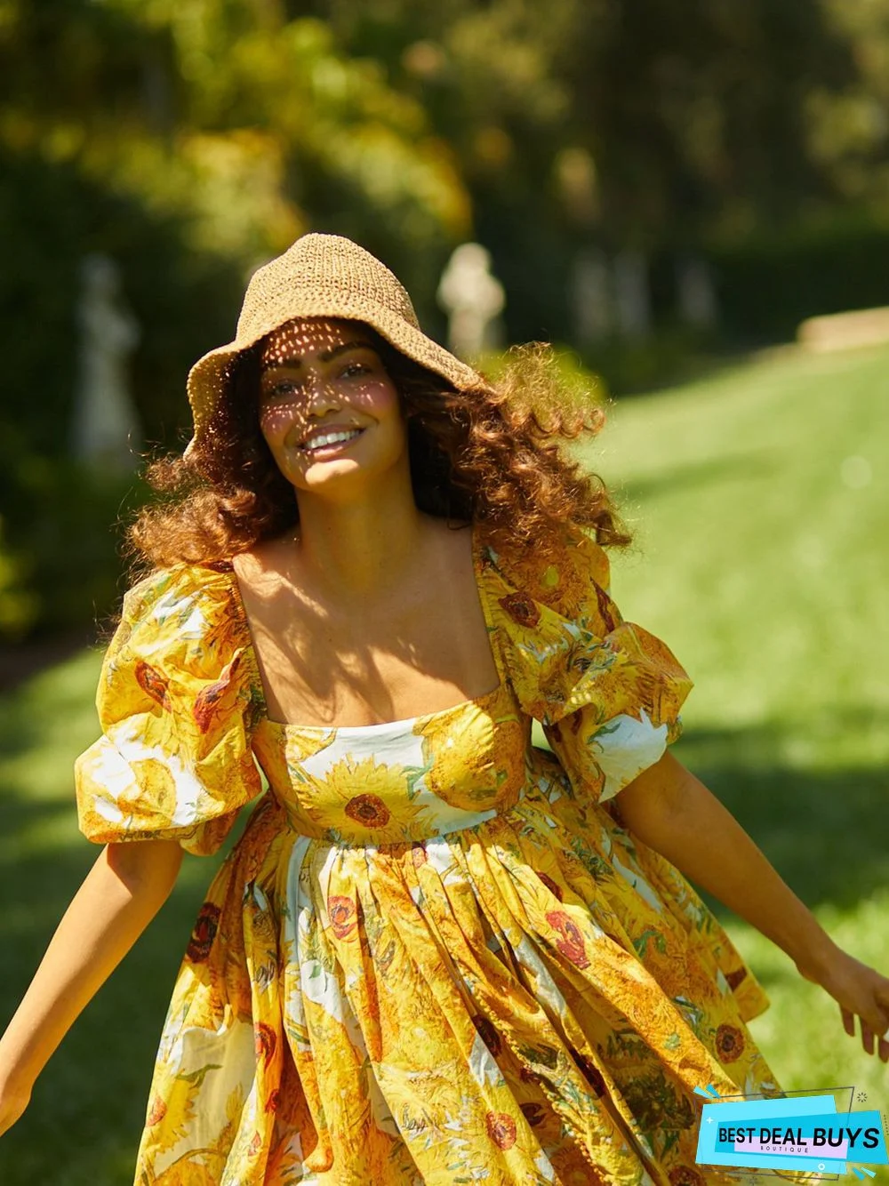 Printed Square Neck Lantern Short Sleeve Women's Dress Backless Fluffy French Princess Dress