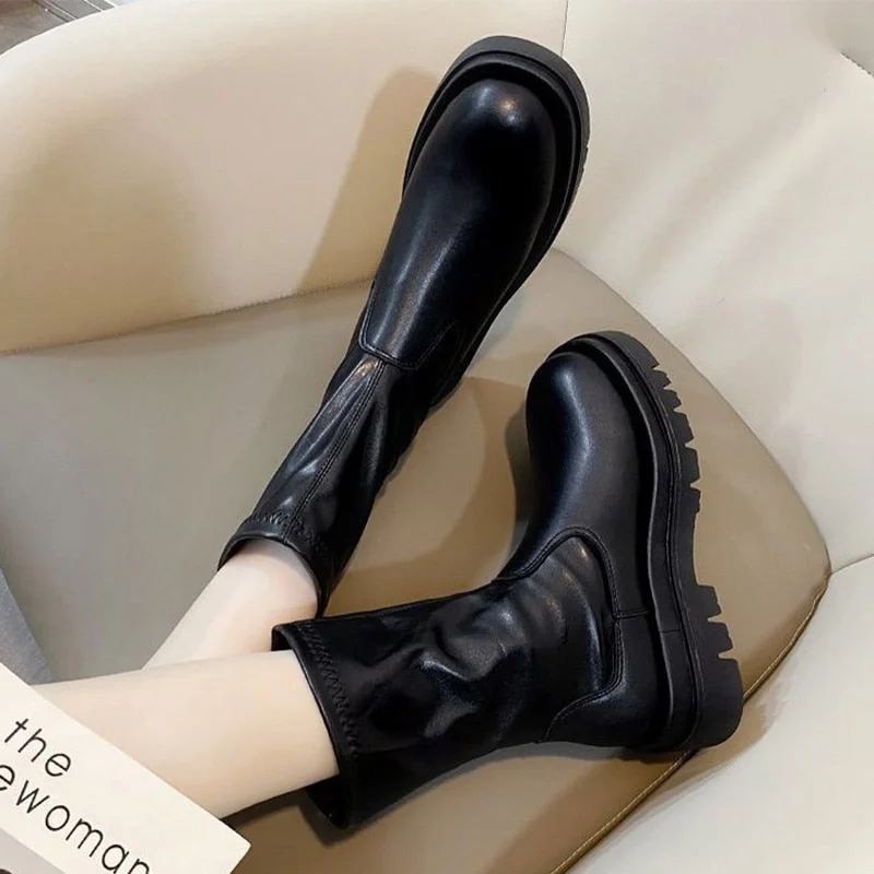 Women Ankle Boots Ladies Shoes Slip On Mid Calf Boots Platform Soft PU Leather Long Boot Footwear Woman Fashion Spring Winter