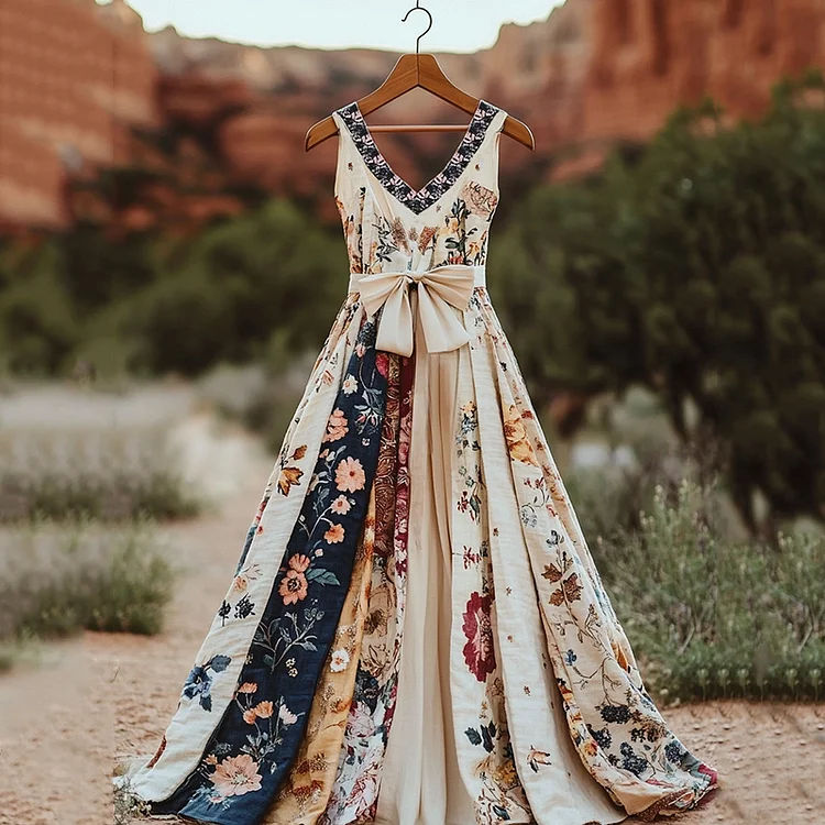 Vintage Floral Patchwork Art Linen Tank Midi Dress