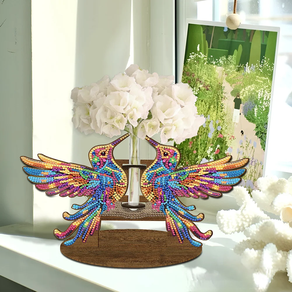 DIY Wooden Hummingbird Diamond Painting Flower Vase Ornaments for Home Office Decor