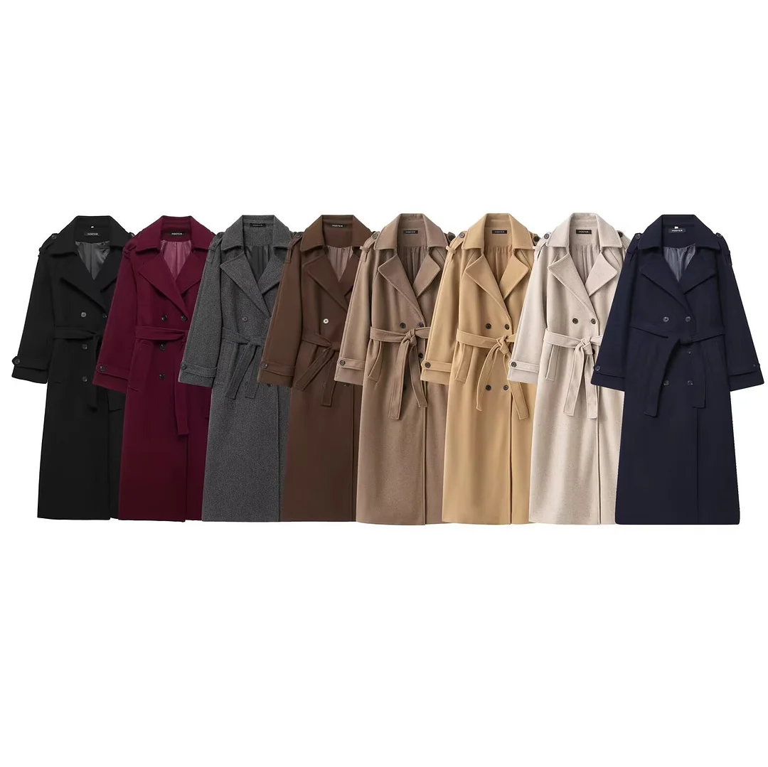 Nigikala Nigikala Autumn New Female Retro Leisure Double Buckle With Belt Long Hair Coat