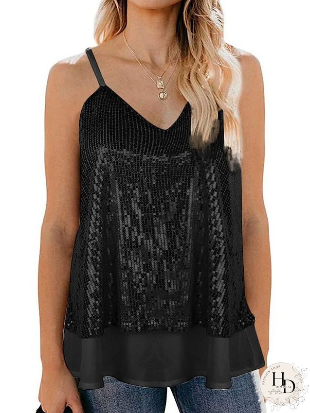 Camisole Tank Top Vest Black White Yellow Sparkly Sequins Layered Sleeveless Stage Streetwear Sexy V Neck Regular S for Women