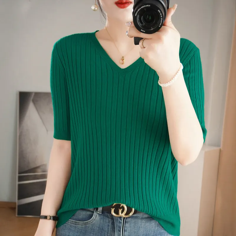 Churchf Churchf The Summer Of 2024, Women's Knit Short Sleeve Korean V-Neck Solid Color T-Shirt And A Pit Top