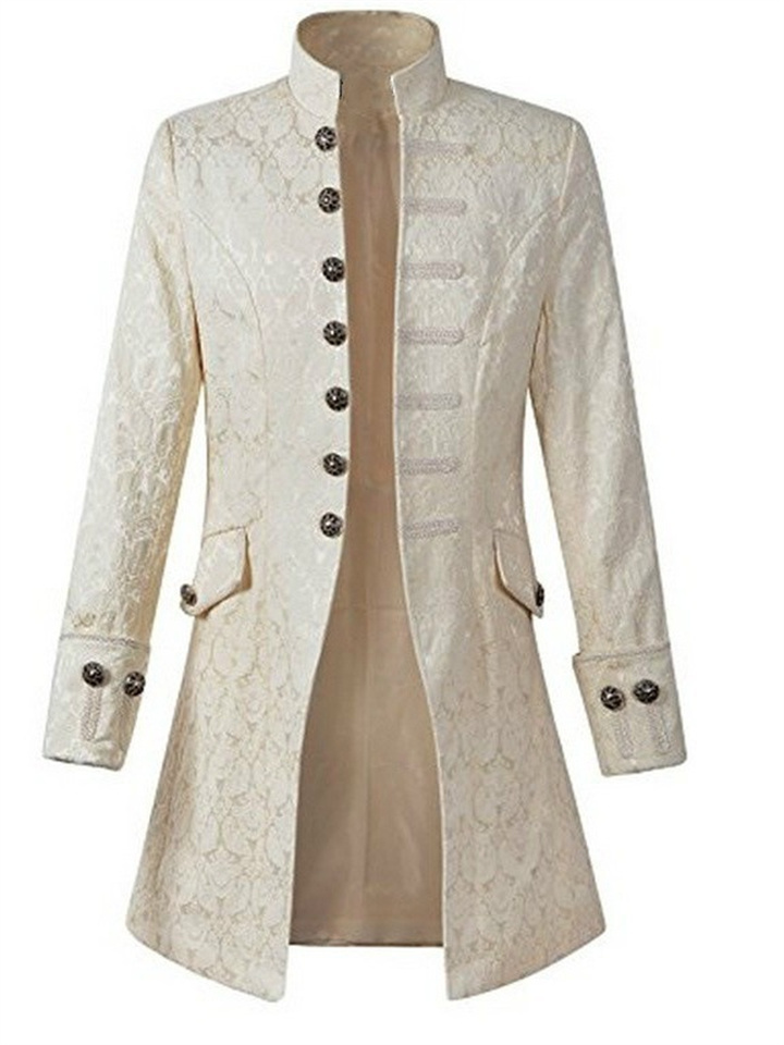 Men's Coat Lightweight Cocktail Party Cosplay Costumes Nightclub Buttoned Front Stand Collar Artistic / Retro Punk Fashion Elegant & Luxurious Jacket Outerwear Solid Color with Pockets Blue White