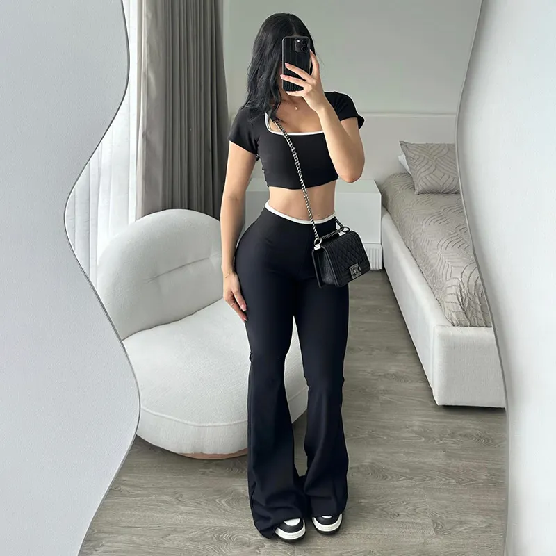 Uveng Uveng Women's Spring And Summer Generous Collar Short Umbilked Low-Waist Micro-Horns Thin Knitting Set