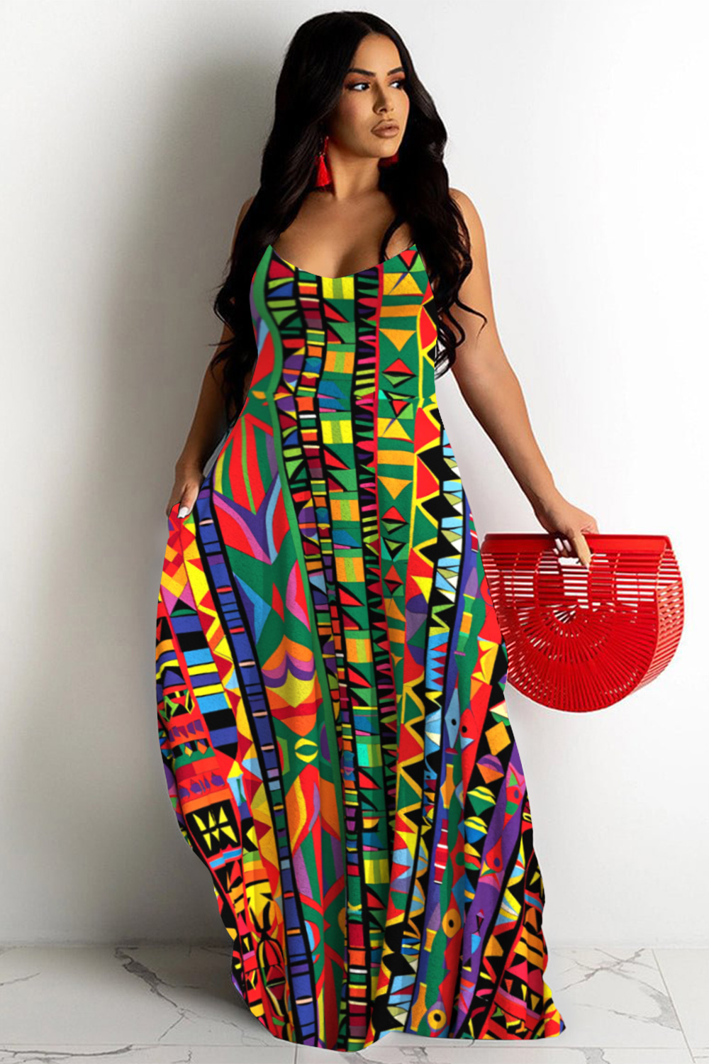 Design Plus Size Daily Multicolor Ankara Print U Neck Pocket Maxi Dresses [Pre-Order]
