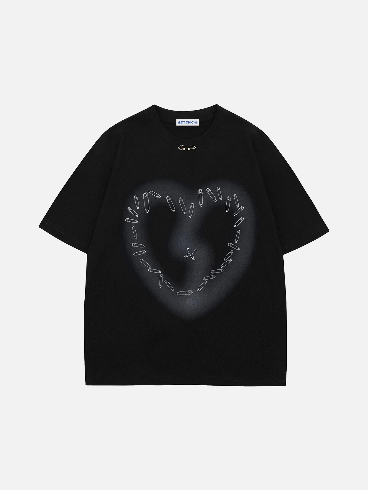 Black Vintage Safety Pin Heart Print Oversized Tee Front