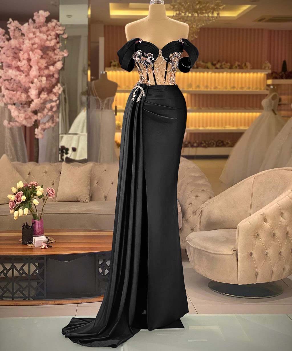Daisda Elegant Off-the-shoulder Royal Blue Beaded Sleeveless Prom Dress with Split