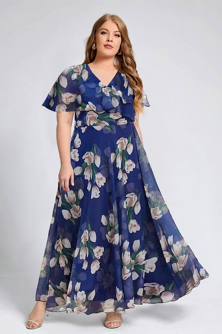 Flycurvy Plus Size Casual Navy Blue Floral Print V Neck Ruffle Sleeve Tunic Maxi Dress  flycurvy [product_label]
