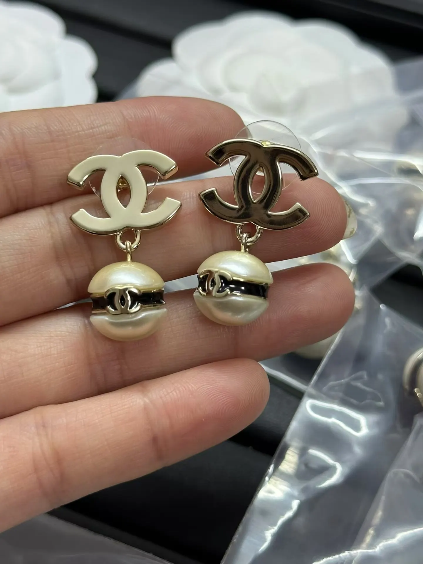 Chanel Polish Double C with Pearl Dangle Earrings