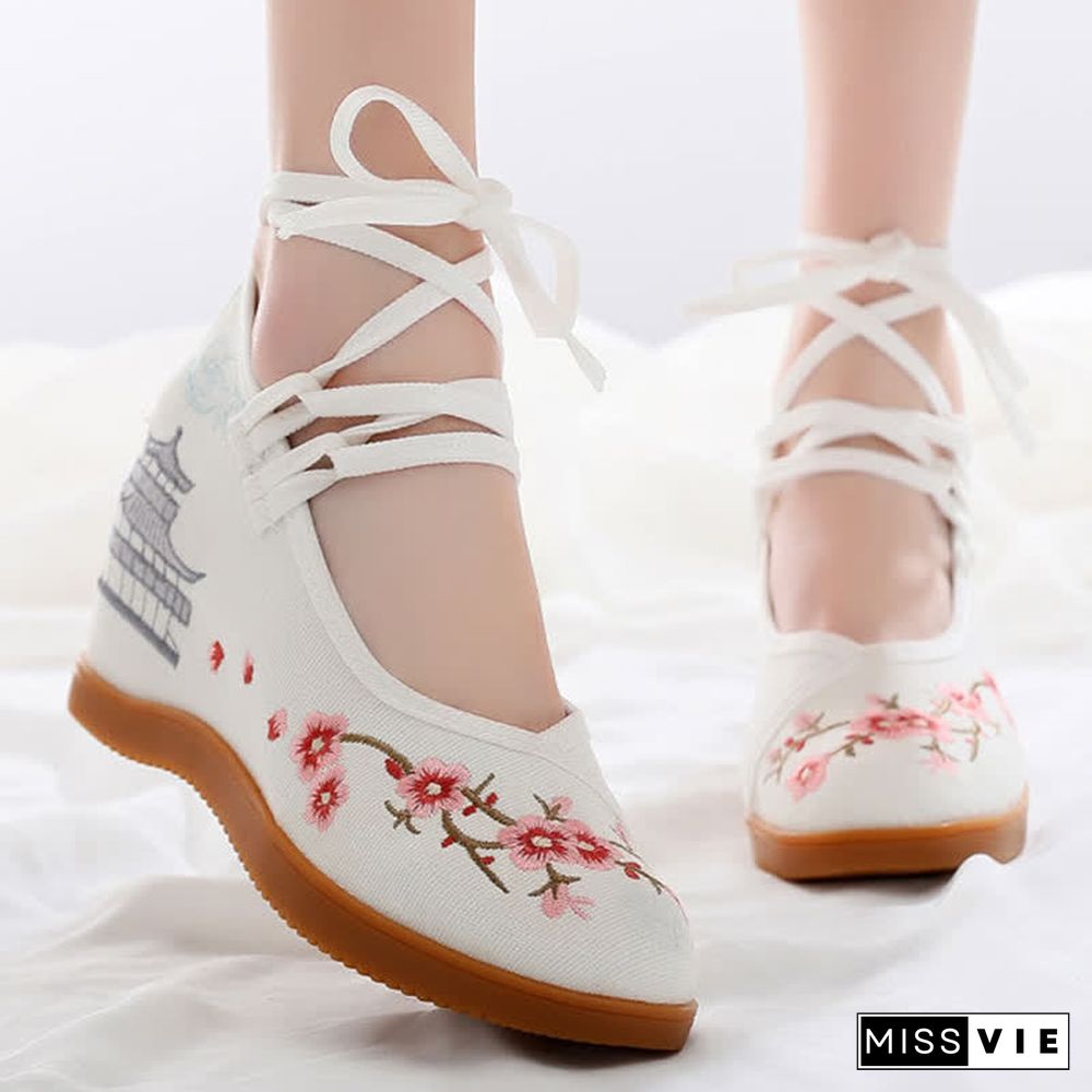 Vintage Blossom Embroidery Lace Up Flats Shoes