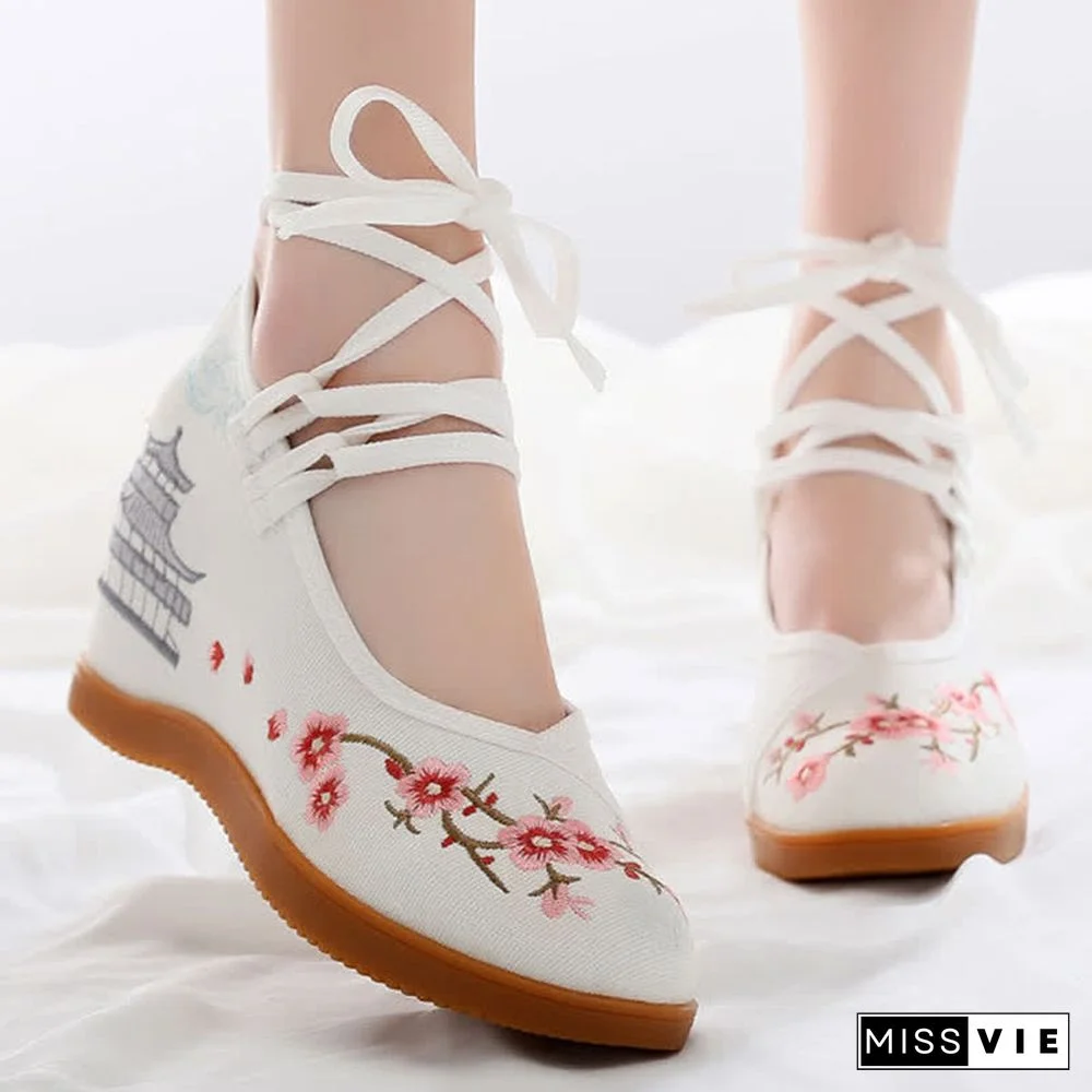Vintage Blossom Embroidery Lace Up Flats Shoes