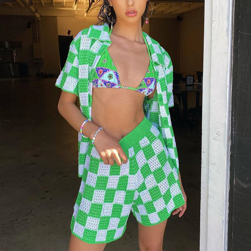 2022 Casual Knit Lounge Wear Women Tracksuit Summer Shorts Set Green Plaid Shirt Tops And Mini Loose Shorts Two Piece Set