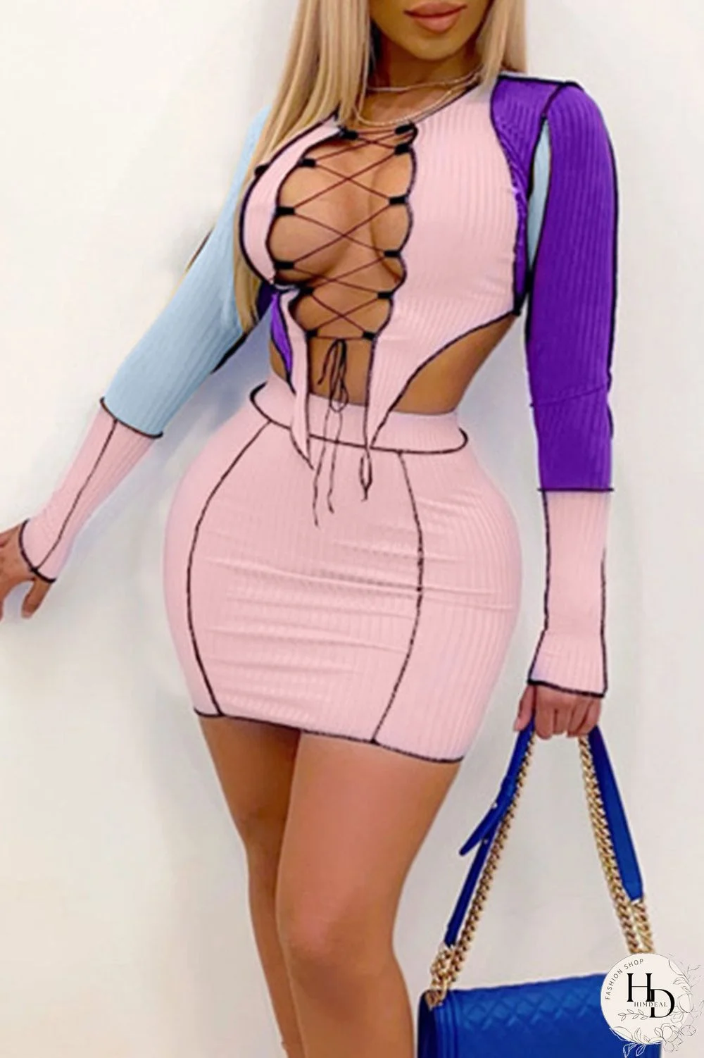 Purple Sexy Solid Bandage Split Joint Frenulum Asymmetrical O Neck Long Sleeve Two Pieces